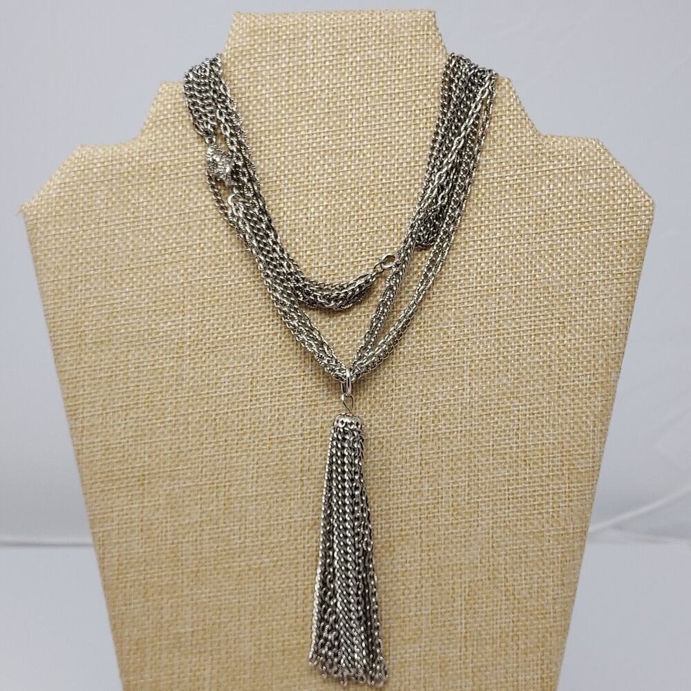 Vintage Tassel Necklace Silver Tone Stations Filigree Bead Cap Retro Vintage